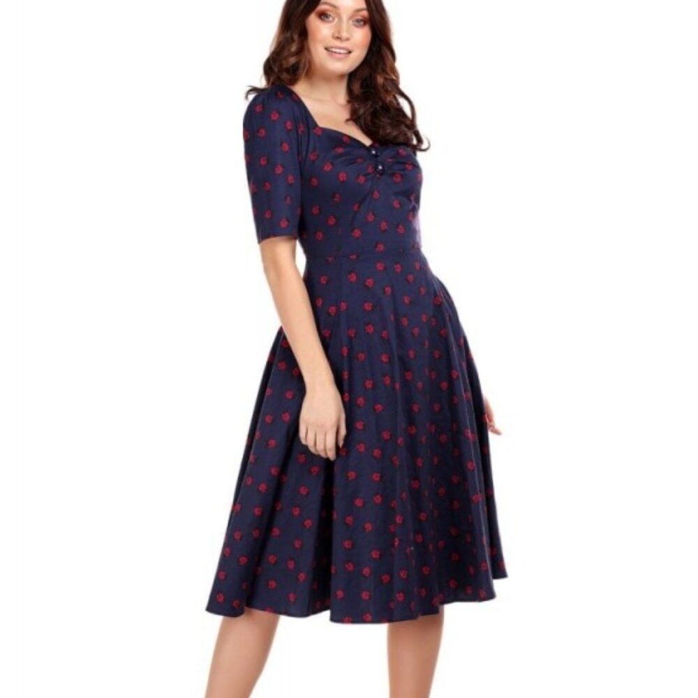 Collectif Navy Blue Dress with Red Heart Print